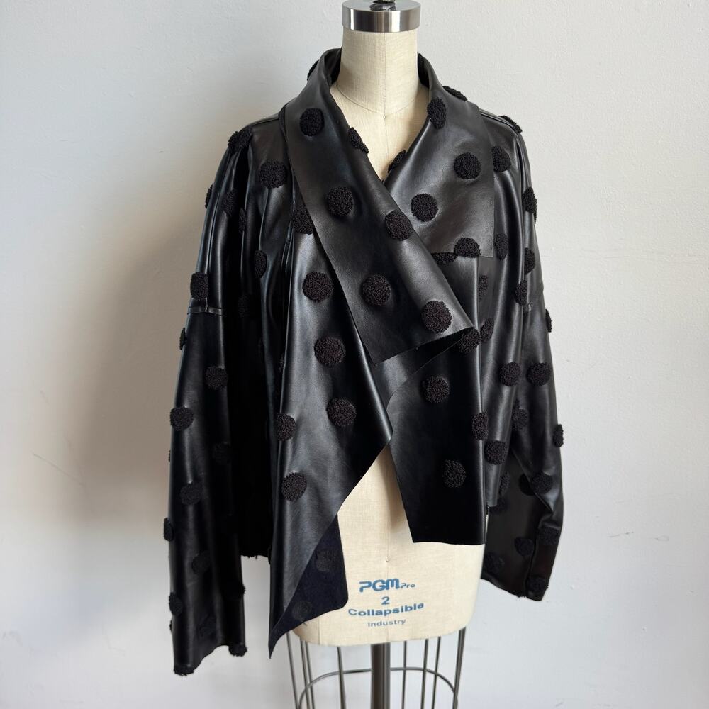 Black Faux Leather Polka Dot Draped Jacket